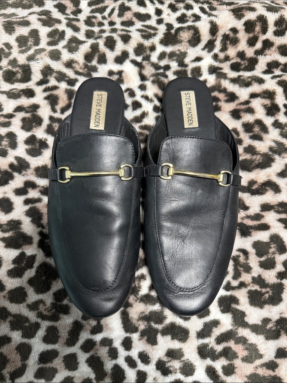 Steve Madden Black Leather Slip-On Mules with Gold Horsebit